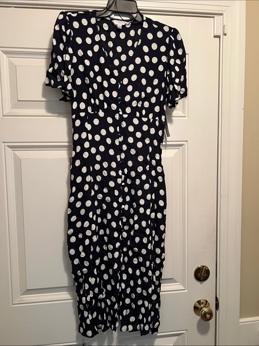 Time and Tru navy blue and White Polka Dot Button-Front Midi Dress